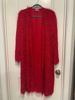 Shaggy Long Red Fuzzy Open Cardigan